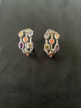 Multi-Gemstone Silver Hoop Earrings - Purple, Green, Orange, Brown